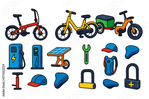 Electric Bicycle Icons. Isometric vector illustration set electric bicycle: lightweight folding e-bike, step-through commuter
