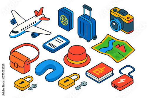 Air Travel Essentials. Isometric vector illustration set Air Travel Essentials: twinjet aircraft, travel passport, soft roller bag