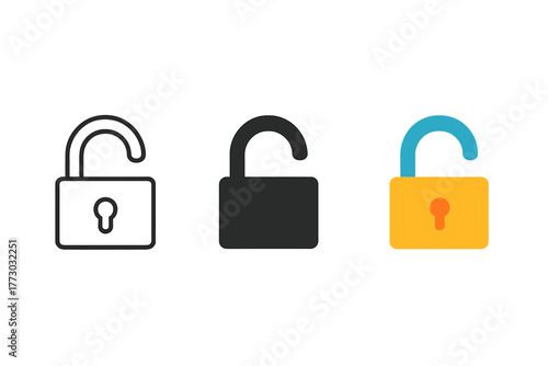 Minimalist Padlock Trio. Minimalist unlock icon: three identical open padlocks in a row, first in line style with thin outline,
