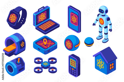 Quantum Technology Icons. Isometric vector illustration set Future Quantum Devices: wearable quantum sensor, portable quantum