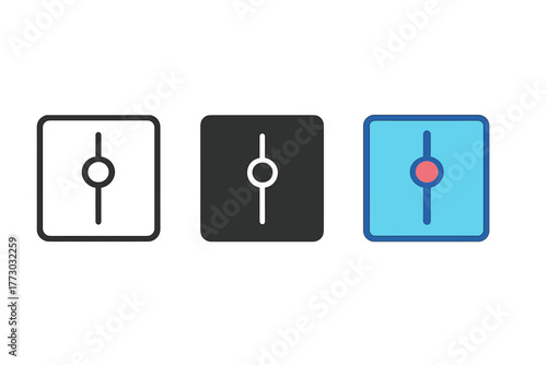 Minimalist Panel Icons. Minimalist panel settings icon: three identical square panels with slider controls inside in a row, first