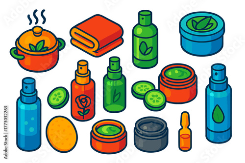 Wellness and Beauty Essentials. Isometric vector illustration set Wellness, Relaxation, and Beauty Essentials: herbal steam pot,