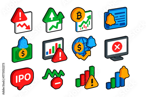Market Alert Icons. Isometric vector illustration set Stock and Market Alerts: stock price drop alert, stock price rise alert,