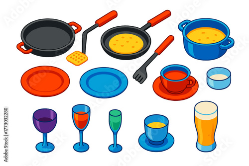 Kitchen Elements Icons. Isometric vector illustration set Kitchen and Dining Elements: paella pan, crepe pan, omelette pan,