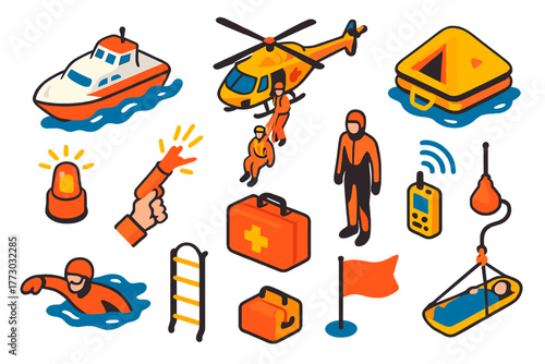 Emergency Sea Rescue Icons. Isometric vector illustration set Emergency Sea Rescue: rescue boat, helicopter rescue, life raft,