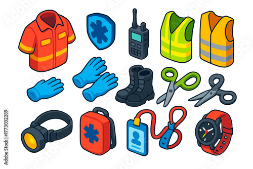First Aid Tool Set. Isometric vector illustration set First Aid and Healthcare Tools: paramedic uniform, medic badge, radio