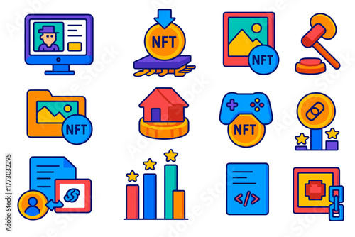 NFT Digital Assets Icons. Isometric vector illustration set NFT and Digital Assets: NFT marketplace screen, NFT minting process,