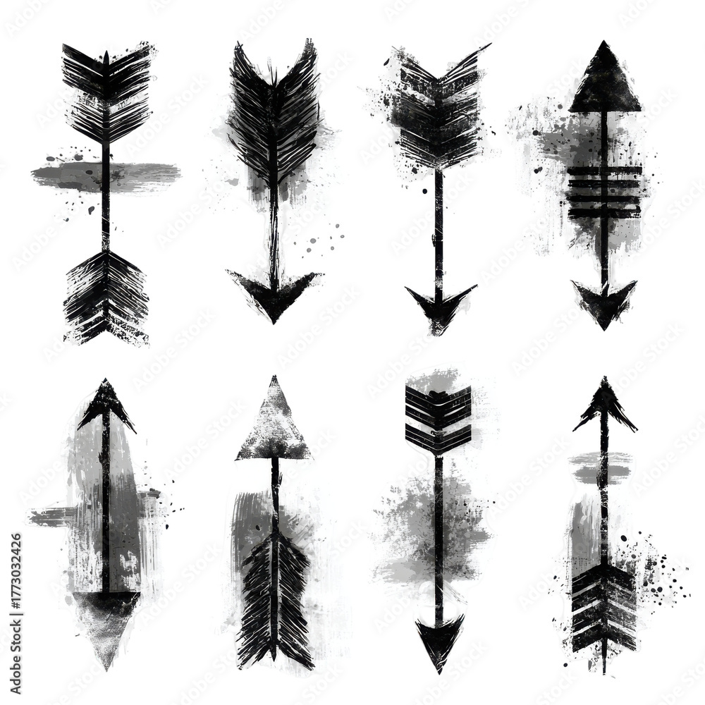 Naklejka premium Arrows in flight with watercolor effect, monochrome sketch design element, black and white abstract pattern