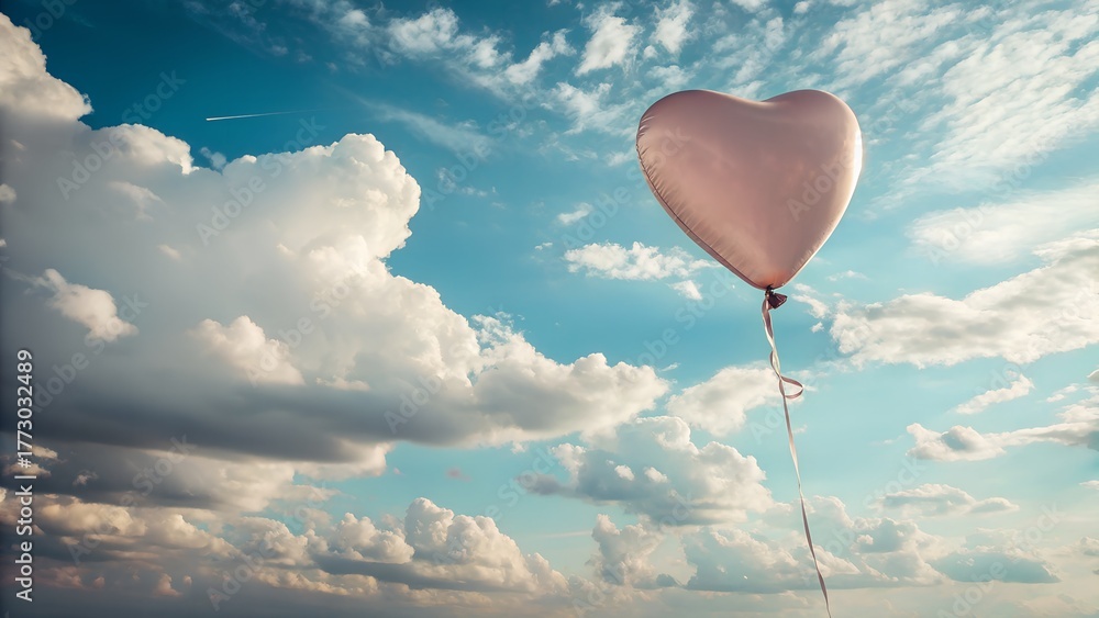 Fototapeta premium A single heart shaped balloon floats serenely against a vibrant blue sky filled with fluffy white clouds