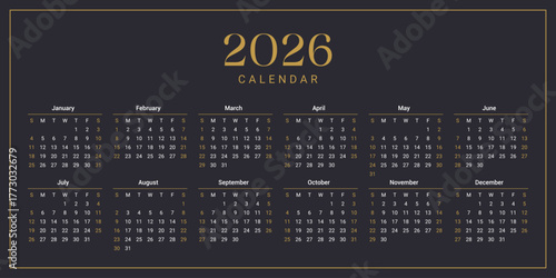 Vector illustration of a stylish 2026 yearly calendar template