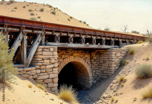 A single track railroad bridge crosses over a small stone culvert in a dry desert landscape with sparse bushes and grass against a sandy hill under bright sunlight
