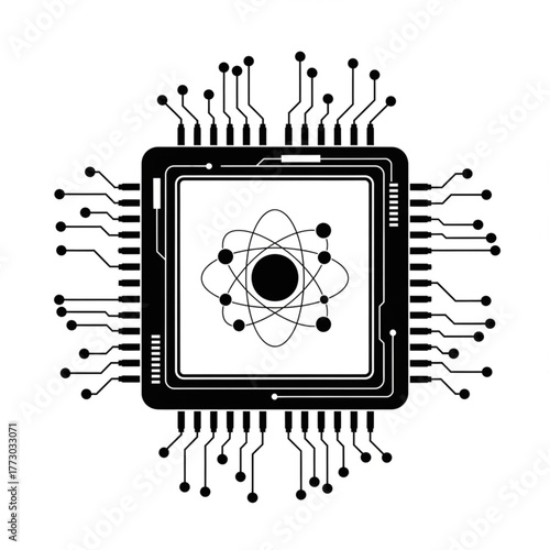 Modern black and white design of a microchip integrated circuit with atom symbol inside, vector illustration for technology, science or quantum computing concepts