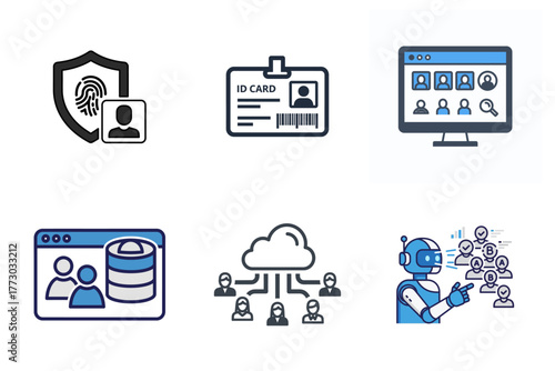 Modern Technology Concept Icons: Digital Identity, Data Security, Cloud Computing, AI, and User Management