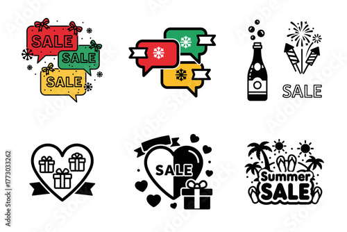 Seasonal and Holiday Sale Vector Icons Set. Marketing Promotion Banners for Winter, Summer, Love, and Celebration Discounts