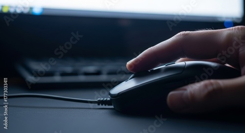 Close-up of a person's hand using a black wired computer mouse at a desk.