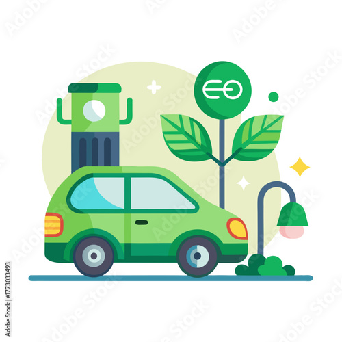 Green electric car charging at a station with eco friendly symbol and plant illustration