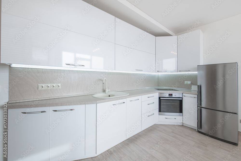 Fototapeta premium Scandinavian Style Cozy Modern Open Bright Minimalism Kitchen Home Interior.