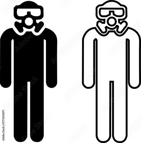 Two figures wearing gas masks and protective suits silhouette