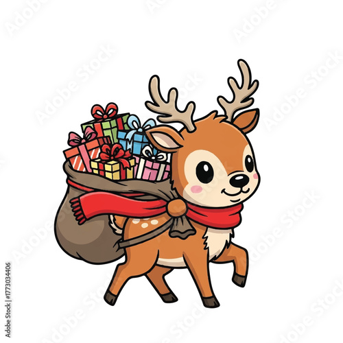 A charming reindeer wrapped in a bright red scarf brings holiday gifts.
