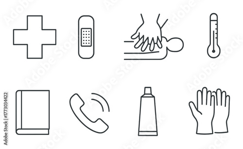 First aid symbols: cpr, bandage, thermometer, gloves, phone, book, toothpaste.