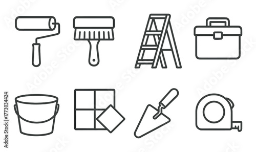 Home renovation tools icon set: brush, ladder, toolbox, bucket, tiles, trowel, tape.