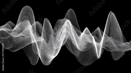 Abstract white wireframe mesh forms flowing curves on black.