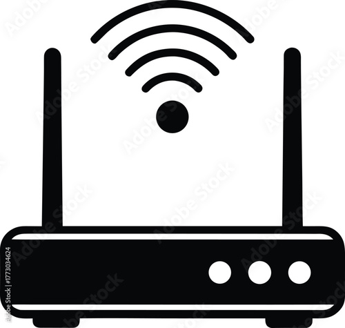 Wireless Router with Antenna Vector Illustration Icon - Networking, Communication, Internet, Connection, Technology Isolated