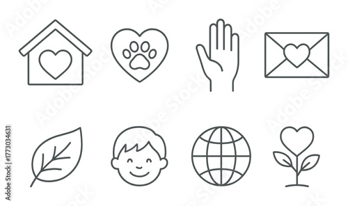 Set of minimalist icons with heart and nature themes on dark background.