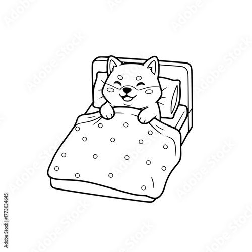 playful Shiba Inu under blanket, cute cozy bed coloring page for toddlers Generative AI