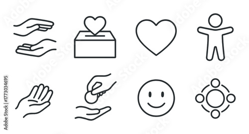 Minimalist icons of hands, heart, person, donation, and community symbols on dark background.