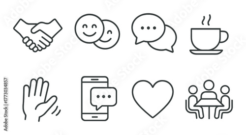 Communication icons: handshake, smileys, chat, coffee, wave, smartphone, heart, meeting.