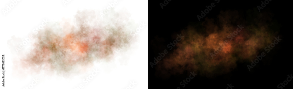 Obraz premium Realistic cloud of dust and smoke with soft edges and transparent texture in earthy fiery orange-green tones on a dark background