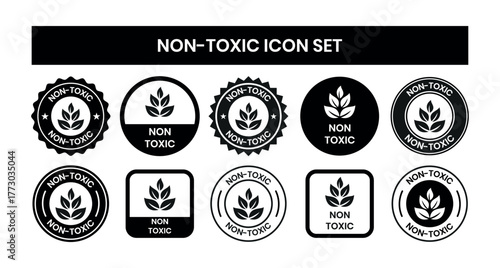 Eco Friendly Non Toxic Vector Label Set. Non Toxic icon set. Non Toxic sign, logo, badge, icon, sticker, label, emblem, stamp, symbol, black, line, flat vector, isolated illustration.