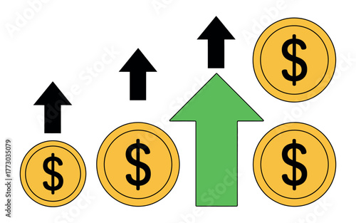 Gold coins and upward arrows indicate financial growth and increasing value.
