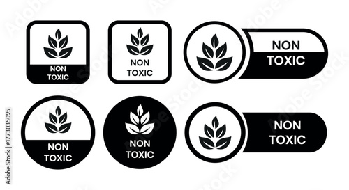 Eco Friendly Non Toxic Vector Label Set. Non Toxic icon set. Non Toxic sign, logo, badge, icon, sticker, label, emblem, stamp, symbol, black, line, flat vector, isolated illustration.