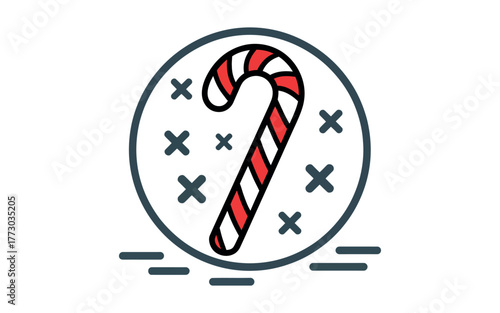 A candy cane with red and white stripes is depicted in a circular frame.