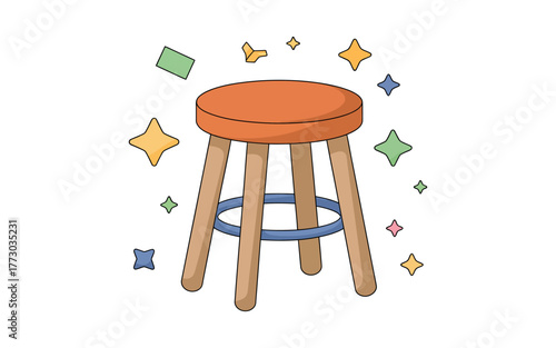 A colorful stool is surrounded by sparkling stars and geometric shapes.