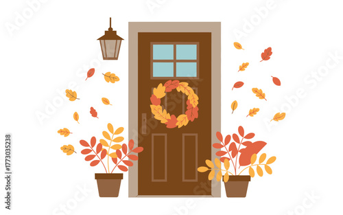 A decorated front door with a wreath and potted plants celebrates autumn.