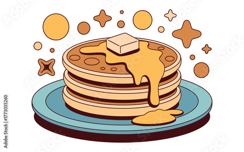 A stack of pancakes with butter and syrup sits on a plate with decorative stars and circles.