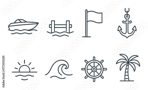 Nautical icons: boat, gym, flag, anchor, sunset, wave, steering wheel, palm tree.