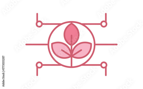 A pink stylized plant symbol is enclosed within a circle with connecting lines and nodes.