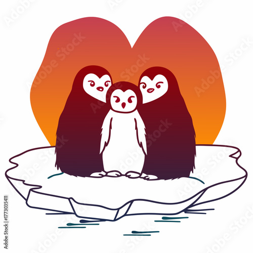 Adorable penguin family standing together on iceberg silhouette