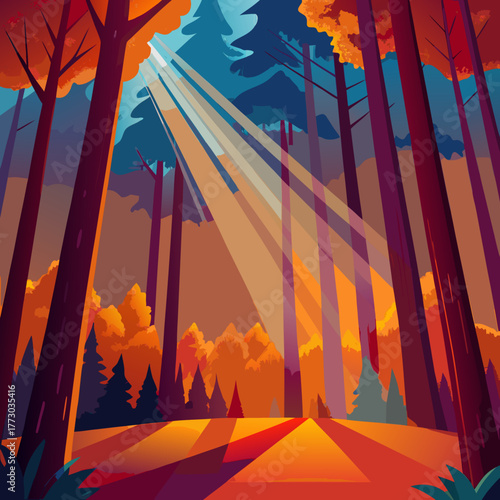 Sunbeams piercing through a vibrant forest canopy in a stylized silhouette