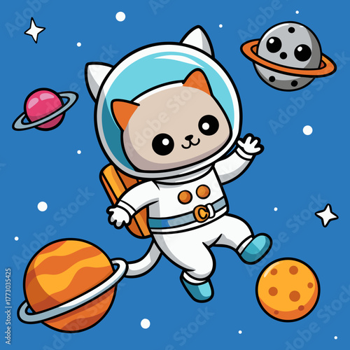 Cute astronaut cat floating among planets and stars in space silhouette