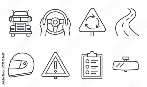 Set of road safety icons including traffic signs and driver gear.