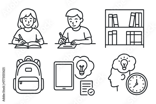 Young students studying with books and technology in classroom setting.