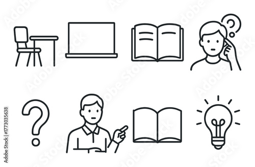 Education concept icons: desk, laptop, book, person, question mark, lightbulb.