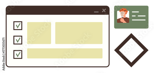 Task checklist in a web interface, beside identity profile card and decision-making diamond. Ideal for productivity, organization, workflow, task management, planning, prioritization focus. Simple