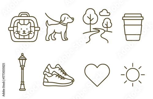Outline icons: pet carrier, dog, nature, coffee, lamp, sneakers, heart, sun.