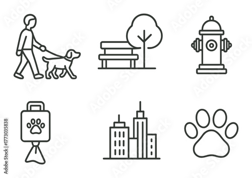 Dog walking icon set with urban and nature elements in minimalist design.